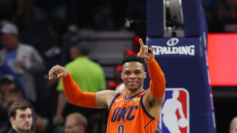 Russell Westbrook #0 of the Oklahoma City Thunder celebrates before the game against the Minnesota Timberwolves on April 7, 2019 at Target Center in Minneapolis, Minnesota.