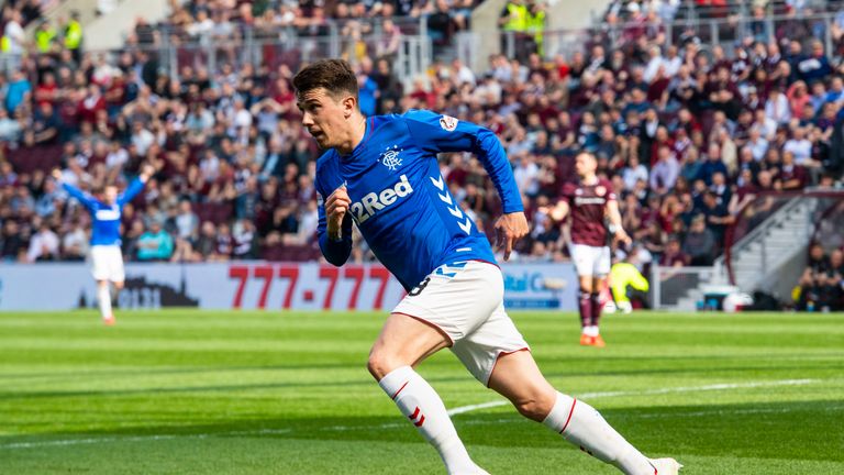 Ryan Jack celebrates after scoring to make it 2-0 to Rangers at Hearts