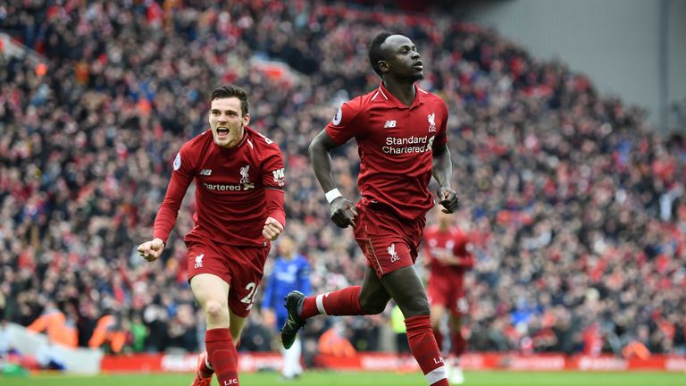Sadio Mane celebrates scoring for Liverpool against Chelsea 