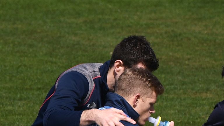 Kent captain Sam Billings receives oxygen after an injury in the field during the Royal London One Day Cup match between Glamorgan and Kent at Sophia Gardens on April 25, 2019 in Cardiff, Wales.