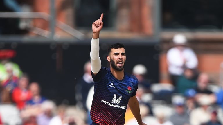 Saqib Mahmood of Lancashire celebrates after getting Rob Keogh of Northamptonshire during the Royal London One Day Cup match between Lancashire and Northamptonshire at Emirates Old Trafford on April 24, 2019 in Manchester, England.  (Photo by Nathan Stirk/Getty Images)