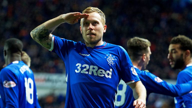 Rangers Scott Arfield celebrates after scoring to make it 3-0