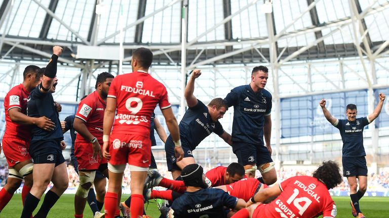 21 April 2019; Leinster players celebrate after Scott Fardy of Leinster scores his side's second try during the Heineken Champions Cup Semi-Final match between Leinster and Toulouse at the Aviva Stadium in Dublin. Photo by David Fitzgerald/Sportsfile