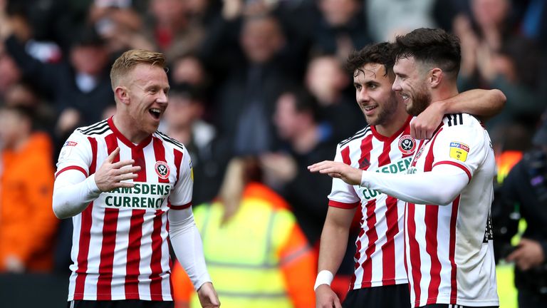 Scott Hogan celebrates scoring the opening goal of the game between Sheffield United and Ipswich