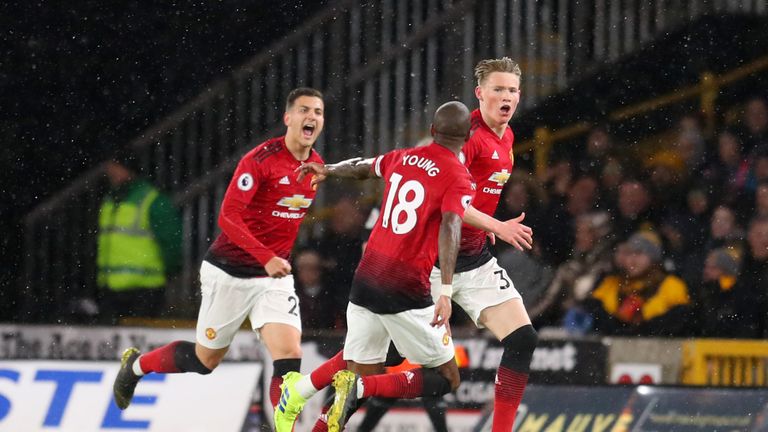 Scott McTominay celebrates scoring for Manchester United against Wolves