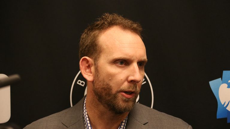 Brooklyn Nets General Manager Sean Marks speaks with the media before the game between the Brooklyn Nets and Chicago Bulls on February 8, 2019 at Barclays Center in Brooklyn, New York. 