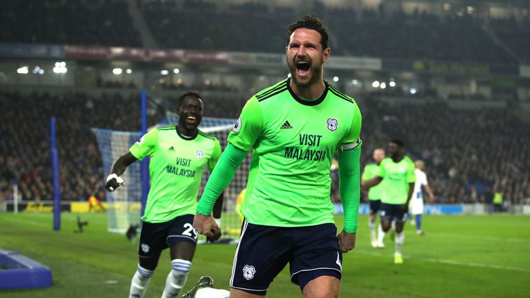 Sean Morrison celebrates after scoring Cardiff's second goal against Brighton