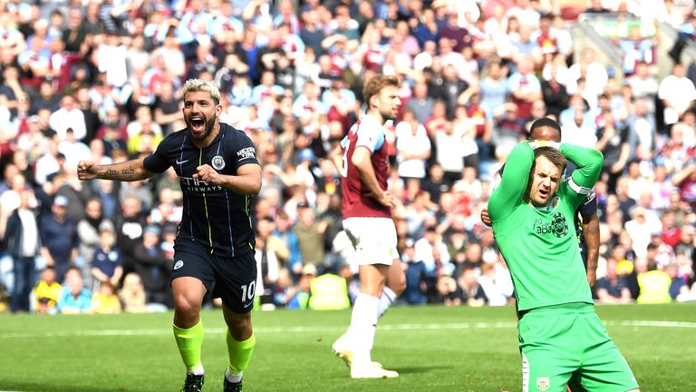 Sergio Aguero celebrates scoring Manchester City's first goal against Burnley
