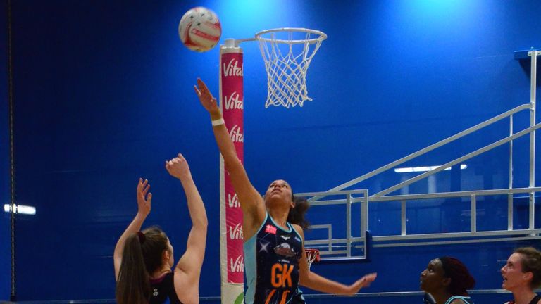 Stars’ Sam Cook defending a shot  for Severn Stars (Credit: Andrew Taylor)