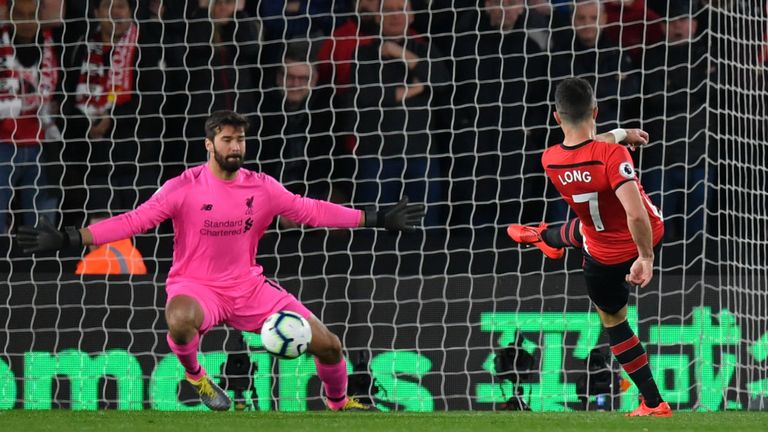Shane Long of Southampton scores his team's first goal past Alisson of Liverpool during the Premier League match between Southampton FC and Liverpool FC at St Mary's Stadium on April 05, 2019 in Southampton, United Kingdom