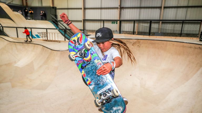 Sky Brown, 10, from Miyazaki in Japan during the Skateboard GB Team Announcement at the Graystone Action Academy, Manchester. PRESS ASSOCIATION Photo. Picture date: Thursday March 14, 2019. The world...s youngest pro skateboarder is a global sensation, Born to a British Father and Japanese mother, Sky has her sights firmly set on representing GB at the 2020 Olympic Games in Tokyo. Photo credit should read: Peter Byrne/PA Wire                                                 