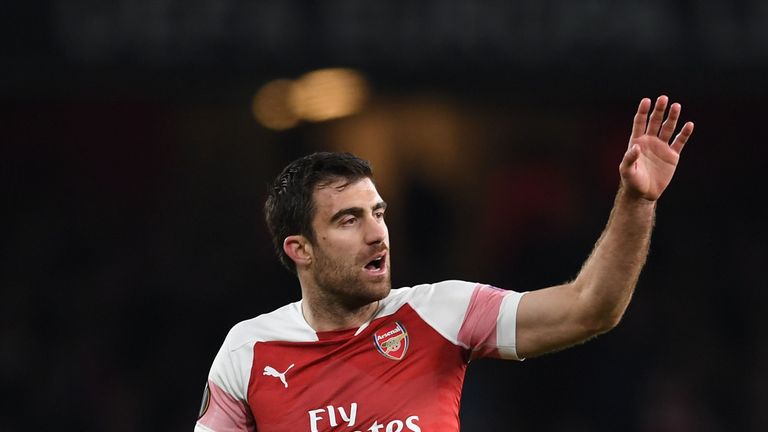 Sokratis of Arsenal during the UEFA Europa League Quarter Final First Leg match between Arsenal and S.S.C. Napoli at Emirates Stadium on April 11, 2019 in London, England