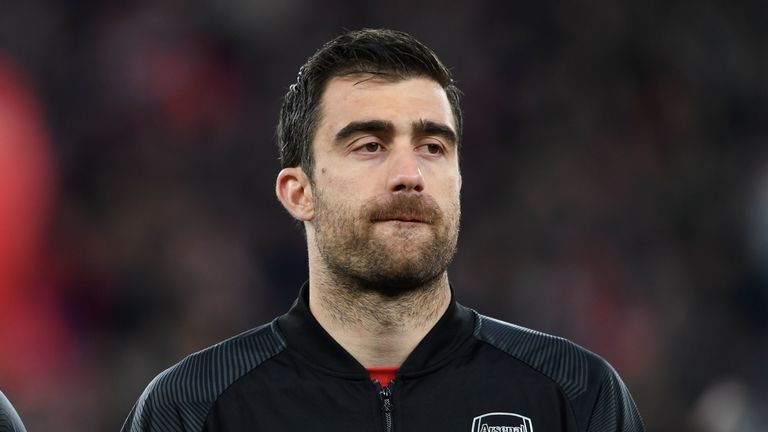 Sokratis of Arsenal before the UEFA Europa League Quarter Final First Leg match between Arsenal and S.S.C. Napoli at Emirates Stadium on April 11, 2019 in London, England. 