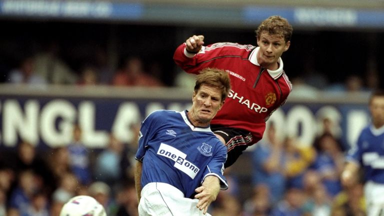 Solskjaer in action for United against Everton at Goodison Park in August 1999