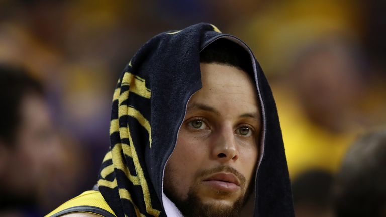 Stephen Curry sits on the bench during the Warriors game against the LA Clippers during Game Two of the first round of the 2019 NBA Western Conference Playoffs