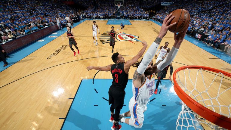 Steven Adams of the Oklahoma City Thunder dunks the ball during the game against the Portland Trail Blazers during Game Four of Round One of the 2019 NBA Playoffs
