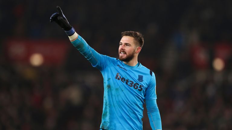 Jack Butland salutes the crowd during Stoke City's win over Leeds United