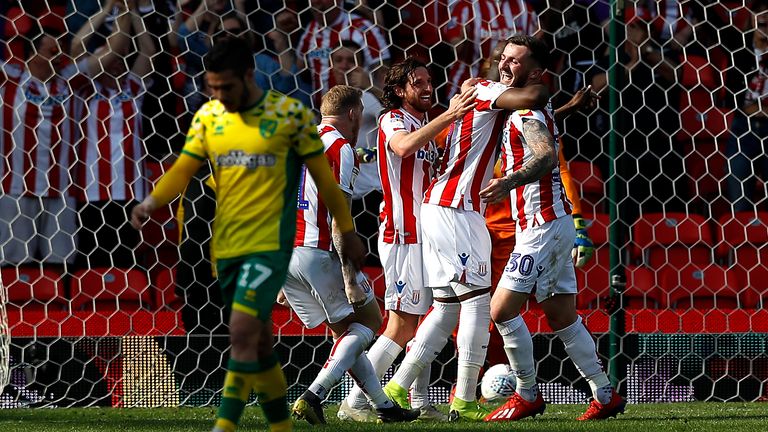 Stoke City's Tom Edwards (right) celebrates scoring his side's second goal of the game during the Sky Bet Championship match vs Norwich at The Bet365 Stadium, Stoke.