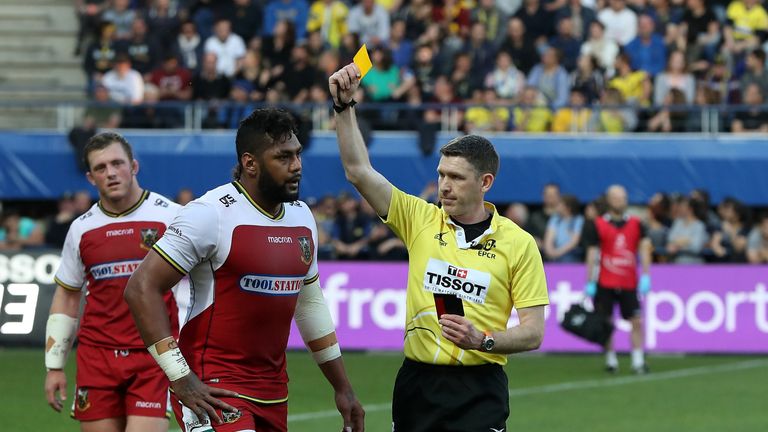 Northampton Saints' Taqele Naiyaravoro is shown the yellow card by George Clancy 