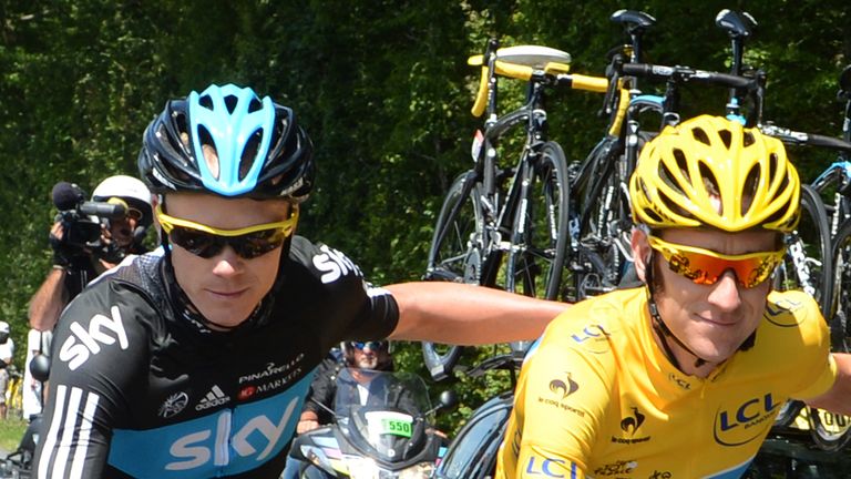 Froome celebrates with Wiggins at the final stage of the 2010 Tour de France