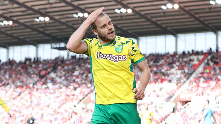 Norwich City's Teemu Pukki celebrates scoring his side's second goal of the game during the Sky Bet Championship match vs Stoke City at The Bet365 Stadium, Stoke.