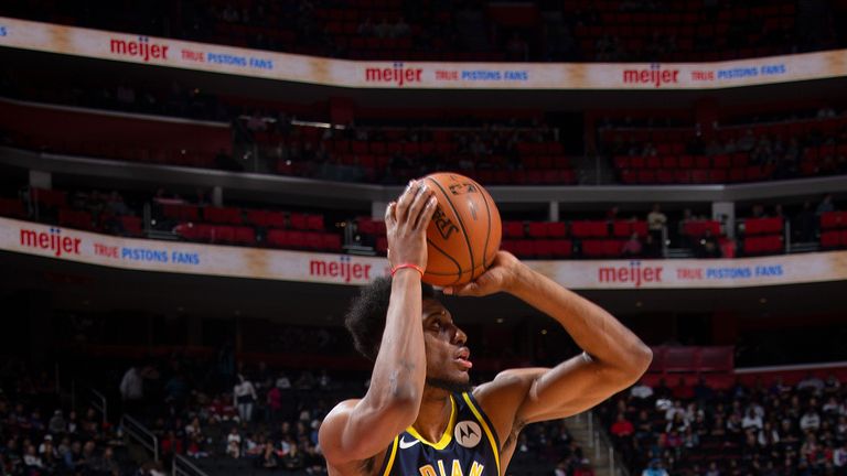 Thaddeus Young #21 of the Indiana Pacers shoots a three-pointer during the game against the Detroit Pistons on April 3, 2019 at Little Caesars Arena in Detroit, Michigan.
