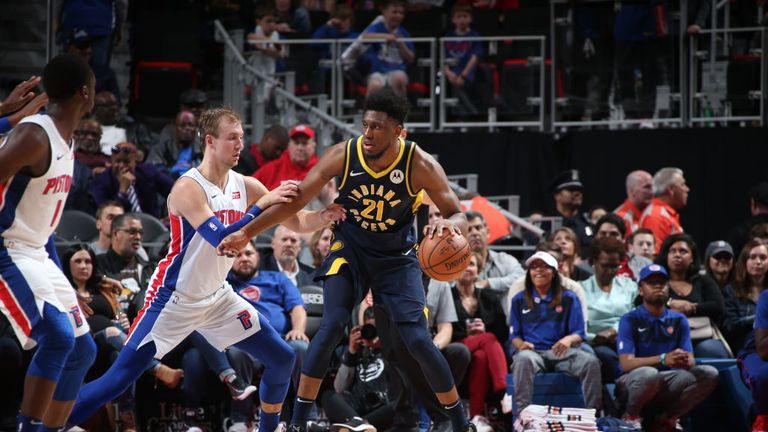 Thaddeus Young of the Indiana Pacers handles the ball during the game against the Detroit Pistons