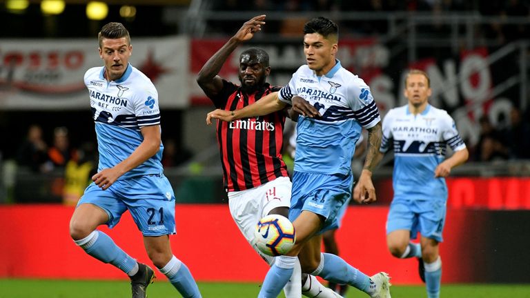 Bakayoko competes for the ball with Lazio's Joaquin Correa on Wednesday