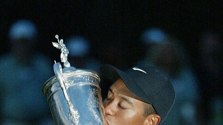 Tiger Woods celebrates his PGA Championship win at Bethpage in 2002