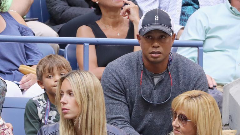 Tiger Woods watches Rafael Nadal from the Spaniard's player's box at the 2017 US Open