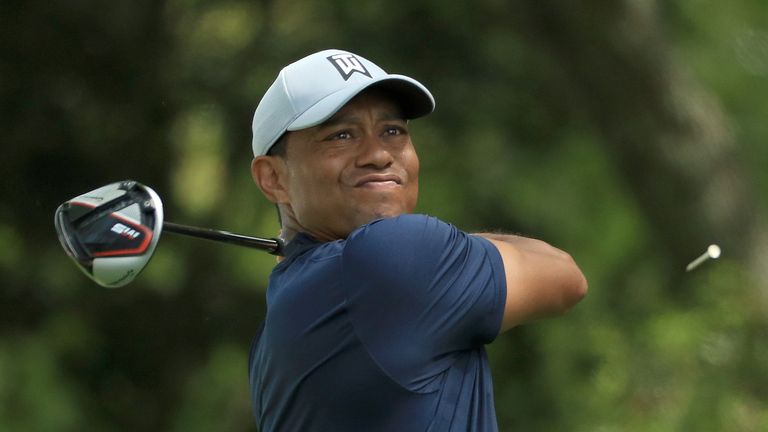 Tiger Woods of the United States plays his shot from the second tee during the first round of the Masters at Augusta National Golf Club on April 11, 2019 in Augusta, Georgia.