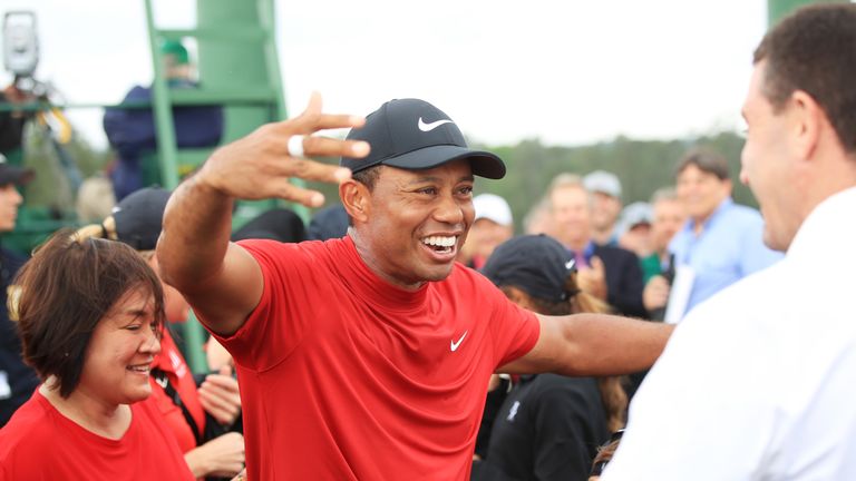Tiger Woods celebrates after winning The Masters 2019