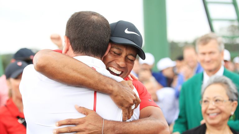 Tiger Woods celebrates after winning The Masters 2019