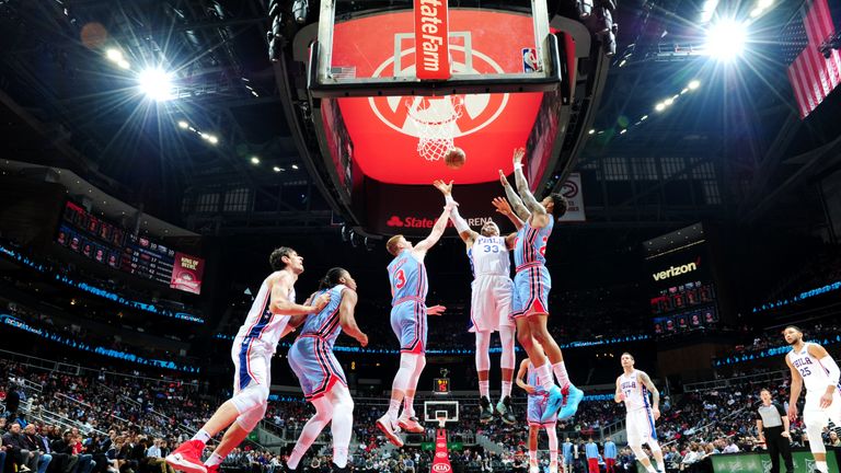 Tobias Harris of the Philadelphia 76ers shoots the ball against the Atlanta Hawks