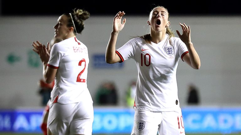 England&#39;s Toni Duggan reacts after a missed chance during the International Friendly match at the Academy Stadium, Manchester.