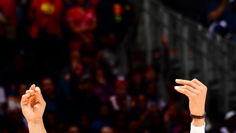 Trae Young #11 of the Atlanta Hawks celebrates during the game against the Philadelphia 76ers on April 3, 2019 at State Farm Arena in Atlanta, Georgia.