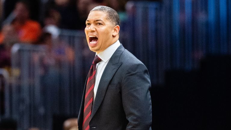 Head coach Tyron Lue of the Cleveland Cavaliers yells to his players during the second half against the Atlanta Hawks at Quicken Loans Arena on October 21, 2018 in Cleveland, Ohio.