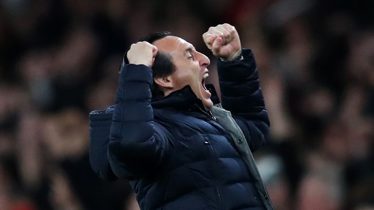 Unai Emery, Manager of Arsenal celebrates as Aaron Ramsey of Arsenal scores his team&#39;s first goal during the Premier League match between Arsenal FC and Newcastle United at Emirates Stadium on April 01, 2019 in London, United Kingdom.