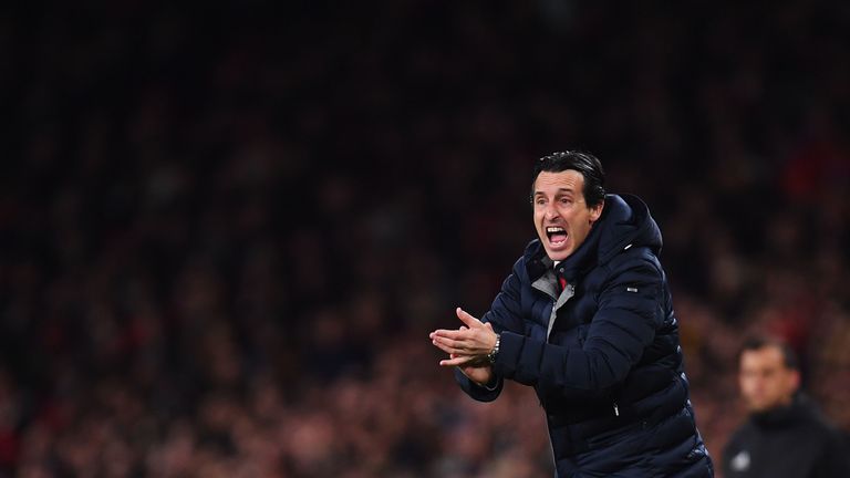 Arsenal Manager, Unai Emery signals from the sidelines during the UEFA Europa League Quarter Final First Leg match between Arsenal and S.S.C. Napoli at Emirates Stadium on April 11, 2019 in London, England.