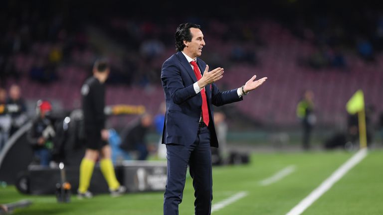 Coach of Arsenal Unai Emery reacts during the UEFA Europa League Quarter Final Second Leg match between S.S.C. Napoli and Arsenal at Stadio San Paolo on April 18, 2019 in Naples, Italy.