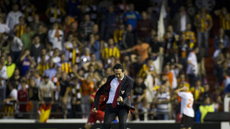 Unai Emery returned to Valencia in 2014 as Sevilla boss - here he is celebrating an injury-time winner which helped his new club reach the Europa League final on away goals