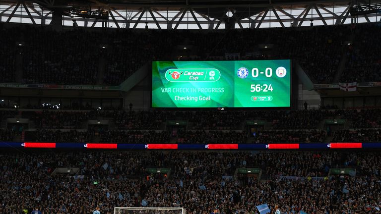 VAR checking a penalty during the Carabao Cup Final between Chelsea and Manchester City at Wembley Stadium on February 24, 2019 in London, England.