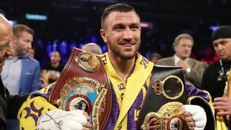 April 12, 2019; Los Angeles, CA;  WBO/WBA lightweight champion Vasiliy Lomachenko and Anthony Crolla during their lightweight title bout at the Staples Center in Los Angeles, CA.  Mandatory Credit: Ed Mulholland/Matchroom Boxing