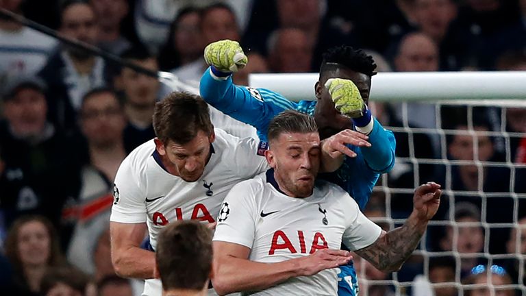 Jan Vertonghen was involved in a sickening collision with  Ajax goalkeeper Andre Onana and team-mate Toby Alderweireld.  