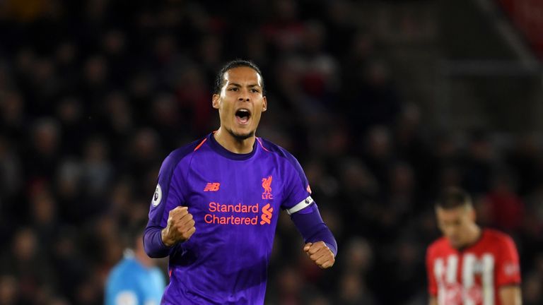 Virgil van Dijk of Liverpool celebrates after his team mate Naby Keita of Liverpool (not pictured) scored their team's first goal during the Premier League match between Southampton FC and Liverpool FC at St Mary's Stadium on April 05, 2019 in Southampton, United Kingdom.