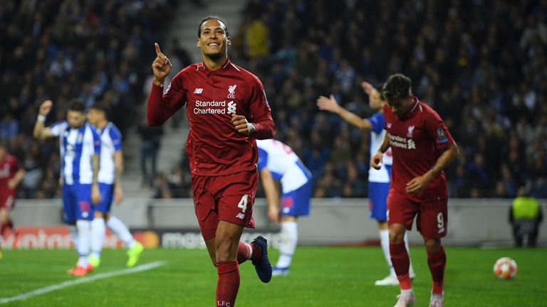 Virgil van Dijk celebrates making it 4-1 to Liverpool away to Porto