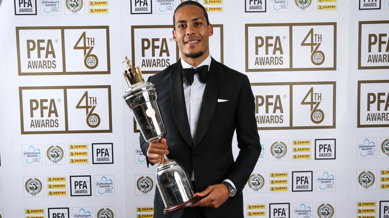 Virgil van Dijk proudly shows off his PFA Player of the Year award
