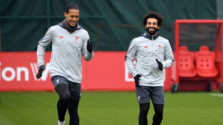 Virgil van Dijk and  Mohamed Salah take part in first team training at Melwood on the eve of their UEFA Champions League quarter final, second leg against FC Porto
