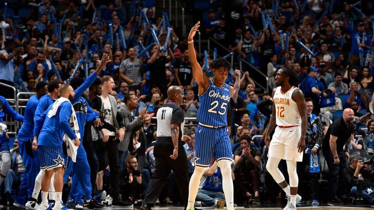 Wes Iwundu of the Orlando Magic reacts against the Atlanta Hawks