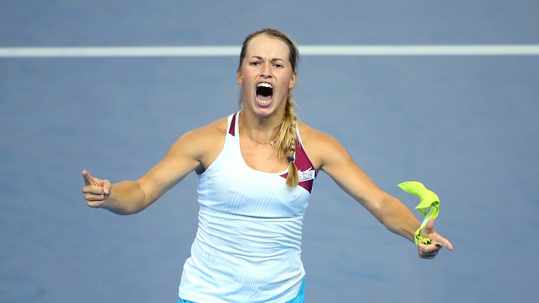 Yulia Putintseva of Kazakhstan celebrates defeating Katie Boulter of Great Britain during the Fed Cup World Group II Play-Off match between Great Britain and Kazakhstan at Copper Box Arena on April 20, 2019 in London, England. 